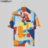 Camicie casual maschile top in stile elegante in incerun uomini colorati a contrasto quadrato stampato bel maschio divertente camicetta a maniche corte s-5xl