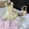 Mädchenkleider koreanische Sommer -Sommer -Mädchen Tutu Kleid rosa quadratische Kragen ärmellose Schlinge Mesh Prinzessin Party Süße Kinder Kleidung EX205 H240507