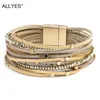 ALLYES Champagne Genuine Leather Bracelets for Women Boho Multilayer Metal Charm Resin Beads Wrap Fashion Jewelry 240423