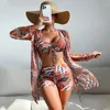 Women's Swimwear 3 Pieces Bikini Set For Beach Cover Up Swimsuit Women Floral Print Small Fresh High Waisted Swim Suit Bathing Suits