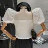 Женские блузки элегантная квадратная шея от плеча пузырьковой рукав дизайн молнии с складками сексуальная короткая рубашка Blusa feminina baratinha