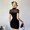 CUTENOVA Goth Dark Mock Neck Y2k Bodycon Mini Dresses Gothic Women Mesh Patchwork Sheer Party Dress 240423