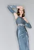 2024 New Column Prom Square Long-Sleeve Ankle-Length Front Split Peplum Ruffle Sequins Celebrity Evening Dresses Plus Size Custom Made B5027 0508