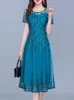 Niebieski swobodny szyfonowa siatka Koreańska długa sukienka Summer Kobiety 2023 Tuniki Midi Modne Eleganckie suknie wieczorowe na balu krótki rękaw 240416