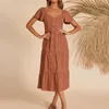 Robes décontractées en V col vintage plissée longue robe femme d'été à manches courtes à manches boutonnées élégantes midi boho solid