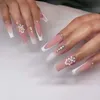 Faux Nails 24pcs Faux Nails Flower Long Cercin with Rhinestone Press on Wearable Square French Design Full Cover Fake Nail Tips Art T240507