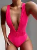 Pakken 2024 Deep V Neon High Cut Women Swimwear One Piece Swimsuit Vrouw met tailleband Monokini High Taille Bathing Suit Swim Bodysuit