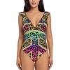 Menas de banho feminina Ruffled Ruffled Swimsuit Moman Leopard colorido símbolo de paz Hippie Peace