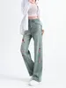 Damenjeans 2024 Sommer Koreanische Mode bestickt mit hoher Taille Vintage Blue Jeanshose Schlanke Weitbeinhosen