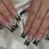 False nagels 24 -stcs Wit Franse valse nagels Lange ballet nep nagel met parel boog bloem ontwerppers op nagels draagbare vierkante nagels set t240507