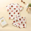 Pajamas Kids Girls Summer Summer Plust Print Sleeve Stroft Tops Tops مع شورتات الخصر المرنة Sleepwear H240507