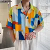 Camicie casual maschile top in stile elegante in incerun uomini colorati a contrasto quadrato stampato bel maschio divertente camicetta a maniche corte s-5xl