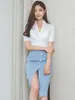 ワークドレスエレガントな韓国のフォーマル2ピース衣装女性ホワイト半袖トップシャツブルースリットスカートセット女性スタイルのビジネス服
