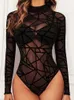 Mesh Bodys transparent Femmes Summer High Neck Long Sleeve Bodycon Topard Voir à travers des combinaisons de bodys sexy vintage 240423