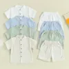 Kledingsets Kids Baby Boys Summer Cotton Linnen vaste mouwknoppen Tops en elastische taille Shorts Set 2pcs Infants H240507