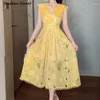 Robes de fête robe en dentelle jaune femme en V-col