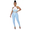 Yaz Kadınlar Katı İki Parçalı Set O Boyun Mahsul Üstleri Uzun Jogger Suit Terzini Eşleştirme Gece Kulübü Kıyafet 240423