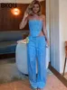 Work Dresses BKQU Denim Skirts Sets For Women Summer Strapless Corset Crop Tops And Hole High Waist Sequins Two Piece Party Club