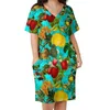 Casual Dresses Tropical Fruit Print Dress Female Green Leaves Vintage Spring V Neck Streetwear Pattern Large Size