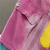Hiphop jeans voor vrouwen zomermode kleur contrast elastische taille gescheurde overalls rechte enkel gebonden bijgesneden broek 240506