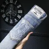 Jeans Light Blue Mens Nostalgic Washed Trendy Print High Street Brand Slim Fit Small Straight Leg Pantal