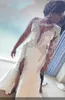 Wunderschöne Schulter -Satin -Brautkleider mit abnehmbarem Zug Langer See -Perlen -Spitzen -Applikationen Split sexy Brautkleid Afrikanische Vestidos de noiva