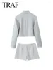 Vestidos de trabalho Summer feminino de bolso assimétrico decorado com casaco curto da cintura alta plissada Salia de zíper elegante de 2 peças