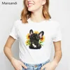 女性のTシャツrajuku kaiiフレンチブルドッグ /ボストンテリア /ヨーキーフー /ドイツの羊飼い /チワワ /パグ犬の花プリントTシャツ女性トップD240507