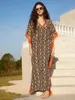 Zomer Boho Snake Gedrukte Beachwear Bikini Cover-ups V Neck Batwing Sleeve Plus Size Kaftan Women 2024 Holiday Beach Dress Q1615