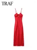 Casual jurken 2024 Zomer Women Fashion Stain Red Solid Slanke Long Dress Woman Chic Pleats Mujer Vestidos voor avondfeestje