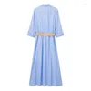 カジュアルドレス2024ブルーシャツドレスウーマンベルトストライプの女性のための長い袖の夏エレガントシック