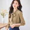 Blouses femininas Mulheres chiques camisas plissadas de manga longa senhora senhora elegante gravata borbole