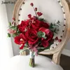 Fiori del matrimonio Janevini Vintage Europeo rosso Bridesmaid Bruquet Bruchetti artificiali Eucalipto Rosia di seta Bouquet Mariage Fleur Mariage