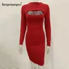 Casual jurken Bangniweigou Winterkist Hollow Out Bodycon mini -jurk voor vrouwen lange mouw dunne fleece kantoorfeestje mantel zwart rood