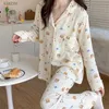 Kadın pijama 100% saf pamuk gazlı bez kadın pijamaları Koreli uzun kollu ayı desenli pijamalar uzun kollu iki parçalı set kadın pijama wx