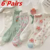 Chaussettes de femmes 6 paires lot mode coton fleur chaussette de fleur transparente d'été fleuride fille fille mince en mailles