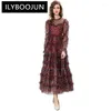 Casual Dresses Ilyboojun modedesigner Autumn Mesh Dress Women o-Neck Lantern Sleeve Ruffles Flower Print Vintage Party Long Long