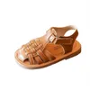 Vintange weven Solid Girls Sandalen gesloten teen voor meisjeskinderen baby platte zomerschoenen F02234 240415