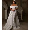 Mermaid Avondjurken Bateau Off Shoulder 3d Lace Flowers Ruffles pailletten Appliques Detachable Train Backless Celebrity prom jurk plus size Customed 0431