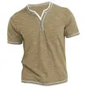 Mens Plain Henley Shirt Round Neck T-shirt Summer Bekväm bomullsmode Kort ärm Casual Street Wear Sports Top Basic 240506