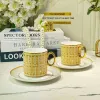 2024 New Style Luxury Mosaic Coffee Cup and Saucer Set with Gold Handel Ceramic Cappuccino Afternoon Tea Cup 2pcs Coffee Mug Set