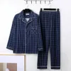 Comfy Milk Silk Loungewear Stylish Mens Fall Winter Pajama Set Striped Plaid Print Color Matching Lapel Singlebreasted Long 240428