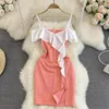 Casual Dresses Korean Fashion Grils Sexig färg Patchwork Off Axel Sling Dress for Women Lotus Leaf Side BodyCon Short Orange Pink