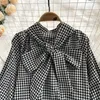 Blouses voor dames Houndstooth Plaid Bow Collar Chiffon Vintage Lantern Sleeve pullover blouse shirt Koreaanse mode vrouwelijke kleding tops