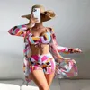 Women's Swimwear 3 Pieces Bikini Set For Beach Cover Up Swimsuit Women Floral Print Small Fresh High Waisted Swim Suit Bathing Suits