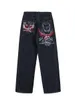 Skull American brodé jean décontracté lâche Broidered Baggy Jeans denim hommes femmes Goth High Wide large pantalon y2k Pantalon 240430