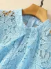 Feestjurken Zjyt Runway 2024 Spring Summer Hollow Out Lace For Women Short Sleeve Dress Elegant Midi Holiday Vestidos Blue