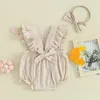 Rompers Newborn Baby Girls Summer Casual Months Clothes Fly Sleeve Frill Trim Solid Color Jumpsuit And Headband Costume H240507