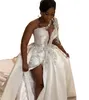 Wunderschöne Schulter -Satin -Brautkleider mit abnehmbarem Zug Langer See -Perlen -Spitzen -Applikationen Split sexy Brautkleid Afrikanische Vestidos de noiva