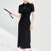 Partykleider chinesischer Stil Frauen Cheongsam Kleid Sommer Kurzarm Elegant für Frauen gestrickt Baumwollfrau Schwarze lange Schlank